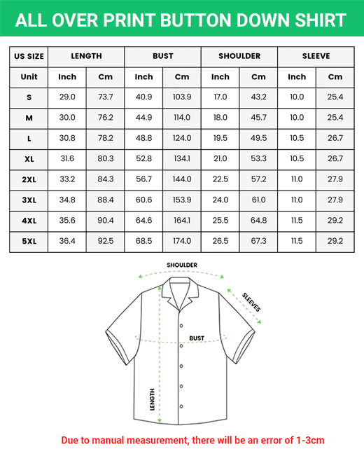 All Over Print Button Down Shirt size chart