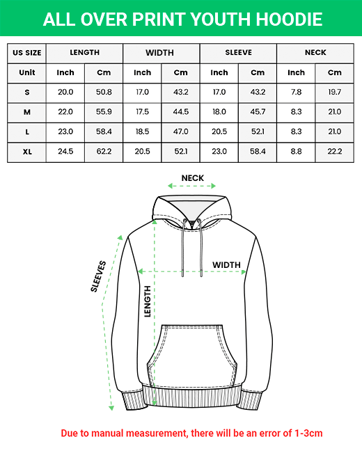all over print youth hoodie size chart