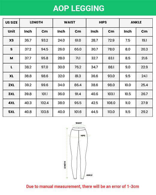 Printful Women Leggings Size Chart, All-over Print Leggings for