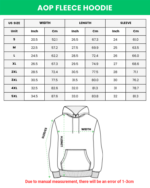 All over print fleece hoodie size chart