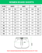 Women Board Shorts size chart
