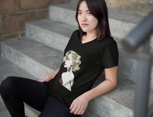 v-neck-t-shirt-mockup-of-an-asian-woman-sitting-on-a-stairway-9536