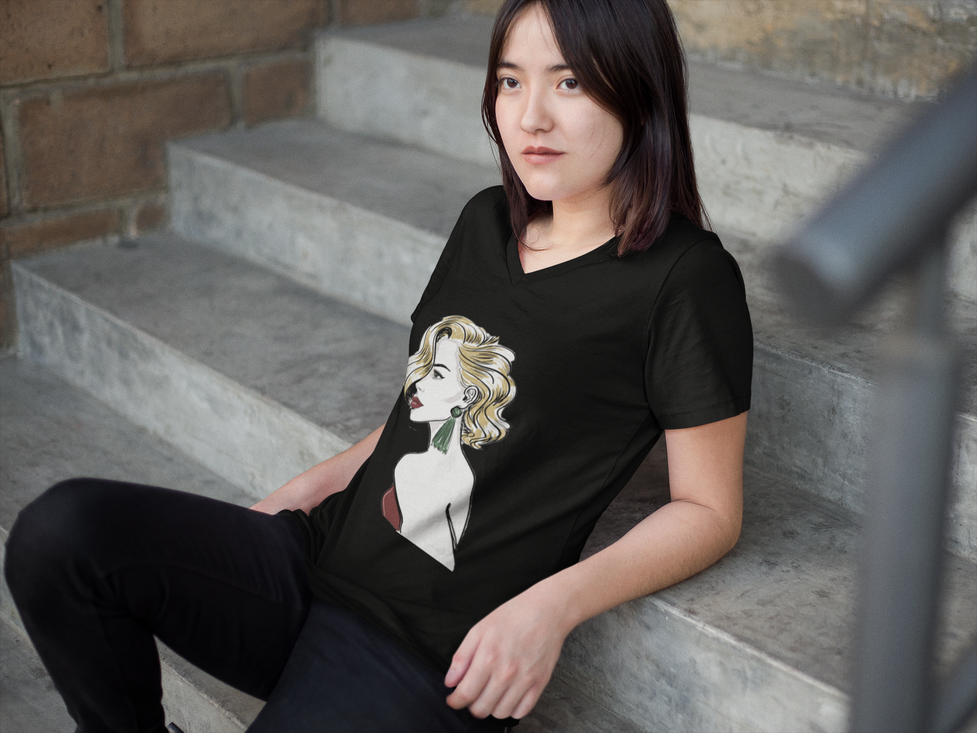 v-neck-t-shirt-mockup-of-an-asian-woman-sitting-on-a-stairway-9536