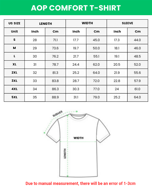 all over print comfort t-shirt size chart