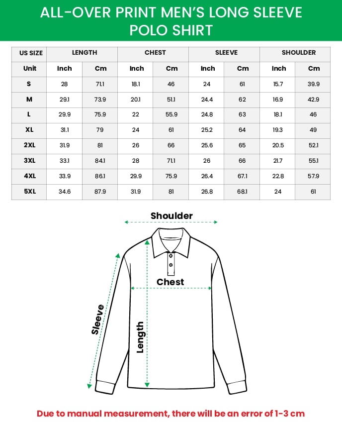 all-over print long sleeve polo shirt size chart