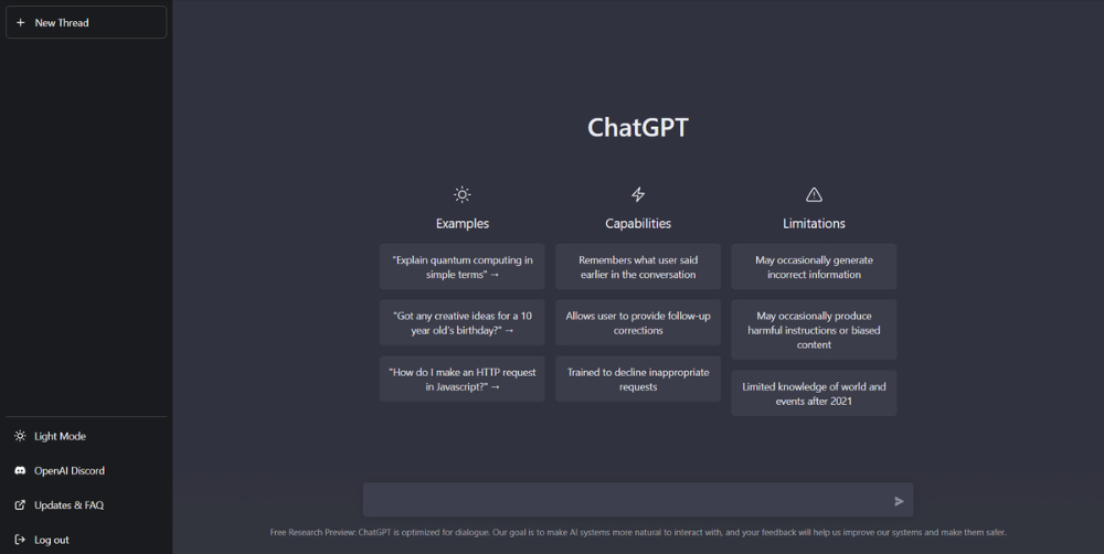 ChatGPT starting screen