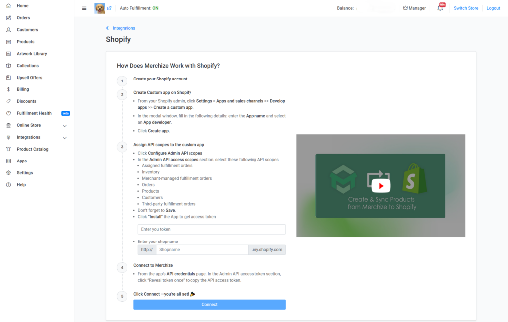 shopify merchize integration page