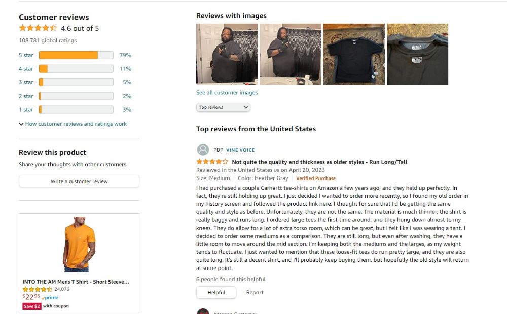 Customer Reviews of a t-shirt store on Amazon