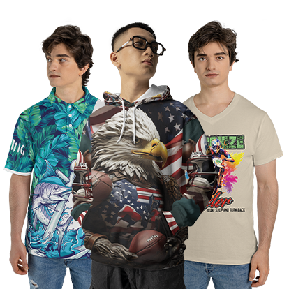 3 guys wearing print on demand clothing