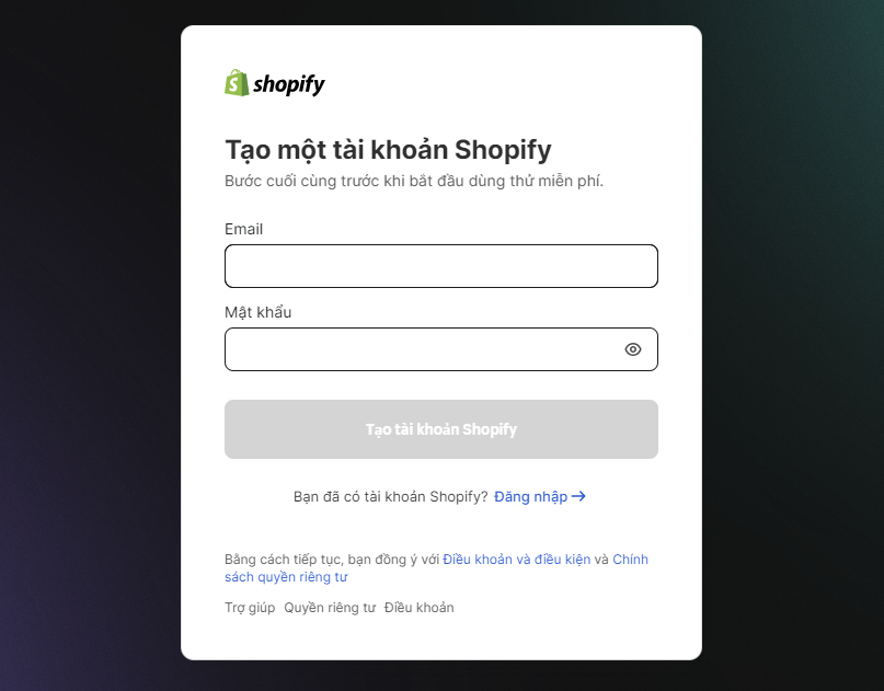 tạo tài khoản shopify