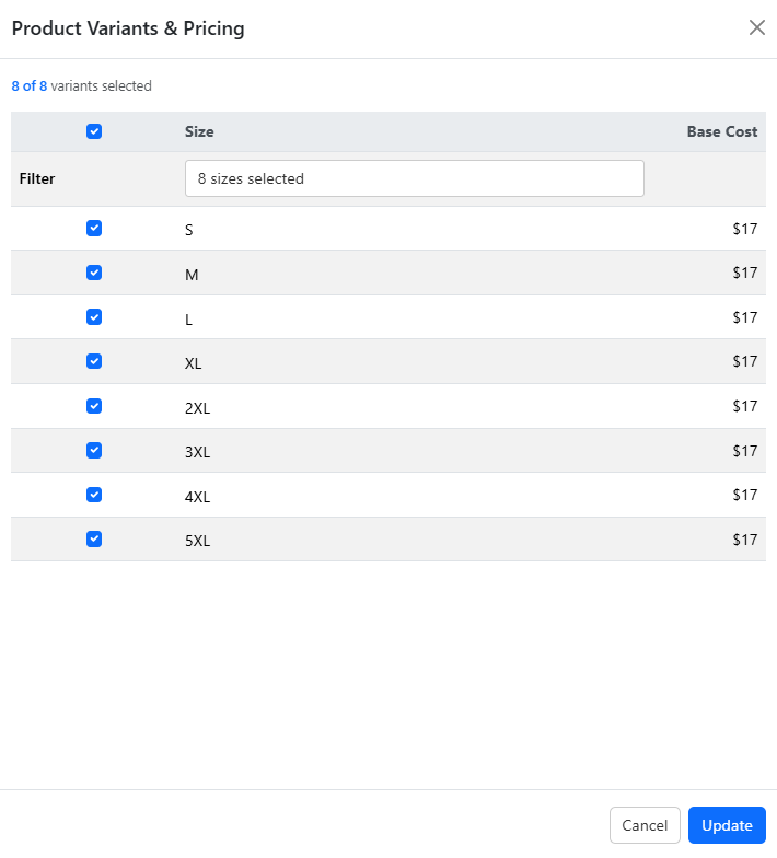 product variants pricing