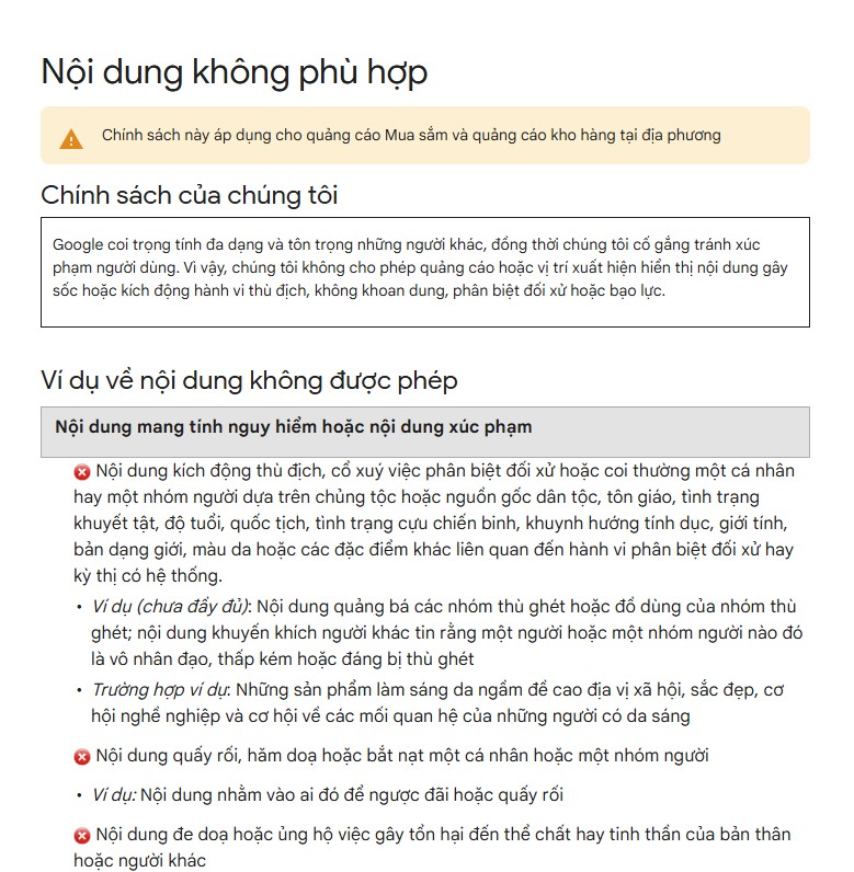 Nội dung không phù hợp trong Google Merchant Center