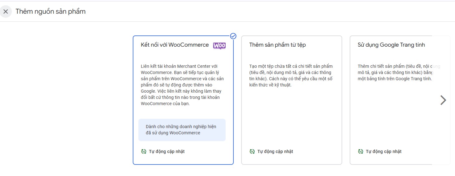 Page Thêm nguồn sản phẩm trong Google Merchant Center