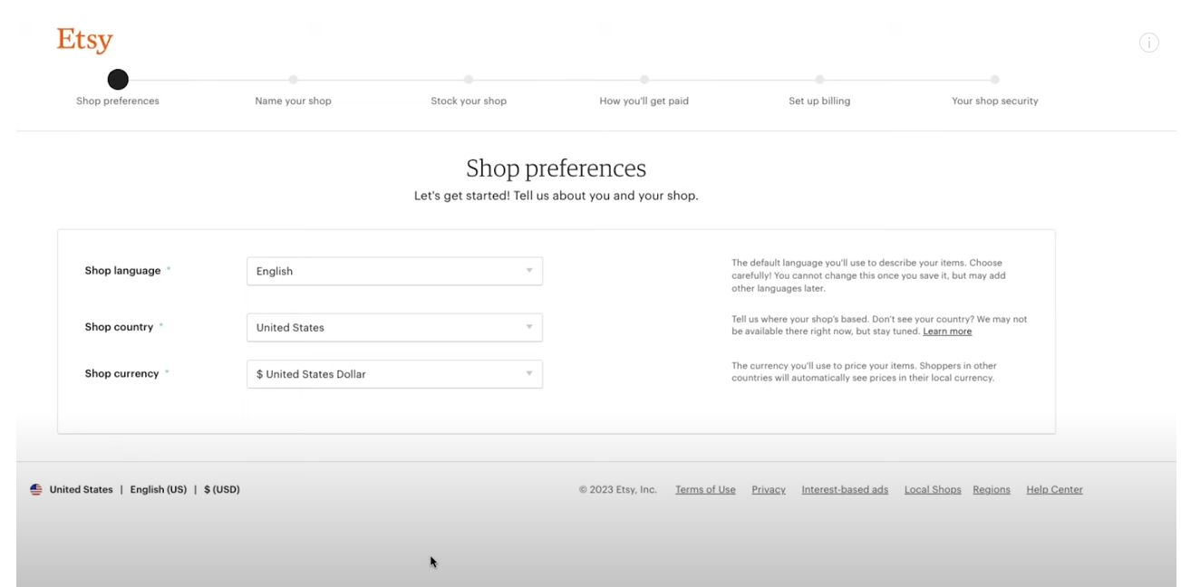 Etsy account creation interface 