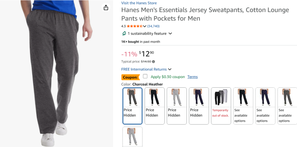 Hanes Jersey Sweatpants Charcoal Heather Large