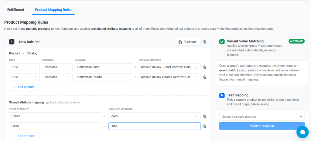 product mapping rule set